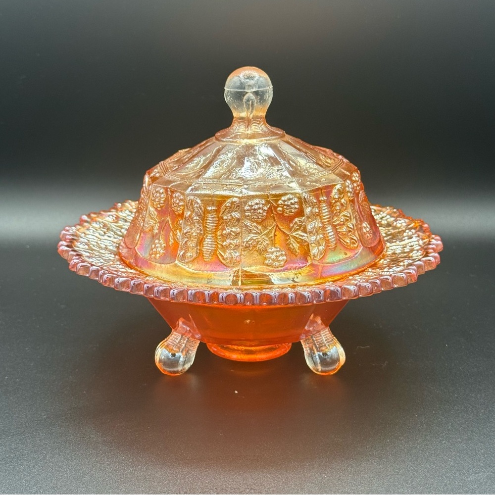 Vintage Fenton Butterflies and Berries Butter Bowl with Lid in Marigold - Rare